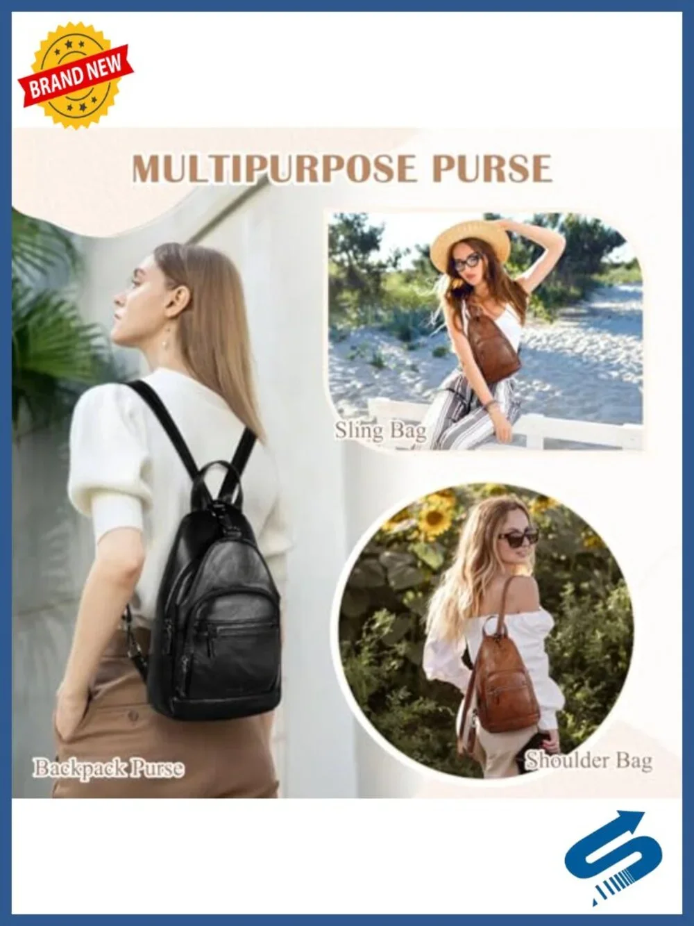 Convertible Sling Backpack Anti Theft Crossbody PU Leather Daypack